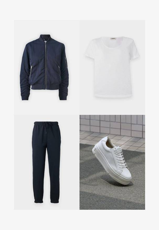 Samsøe Samsøe Chaquetas bomber - outer space; Camiseta blanca de manga corta, hecha de una tela suave, con cuello redondo y dobladillo recto, sin patrones visibles ni acentos.; Pantalones deportivos negros con cintura elástica, cordón, bolsillos laterales y puños elásticos en los tobillos.; Zapatilla de cuero blanca con diseño bajo, cordones planos, punta redondeada y laterales texturizados. Suela de goma gruesa con acentos sutiles.