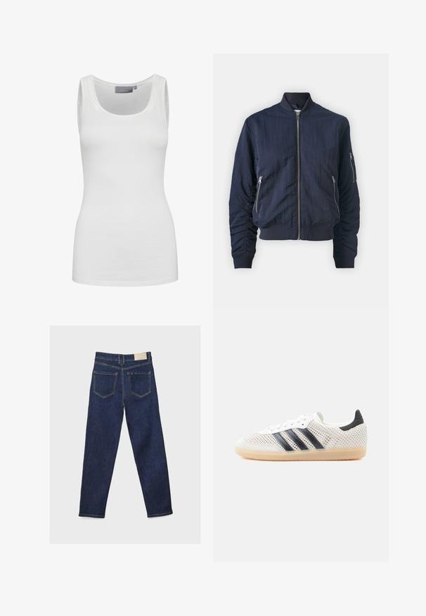 Samsøe Samsøe Bomberjakke - outer space; Hvid tanktop lavet af blødt, strækbart stof med rund halsudskæring og smalle stropper. Har en glat tekstur og tætsiddende design.; Mørkeblå denim jeans med lige ben, der har to baglommer og en enkel taljelabel. Syning i kontrasterende orange.; Hvide mesh-sneakers med sort tre-stribet design, rundet tå og gummisål. Har blød hælkant og snørelukning.