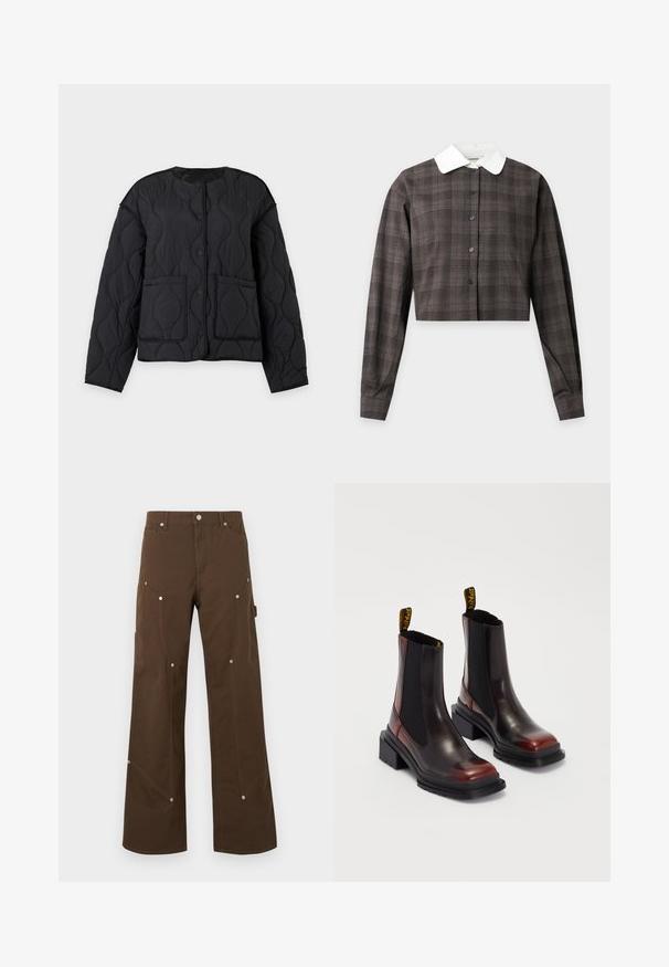 Veste matelassée noire avec encolure ronde, boutons-pression devant, deux poches avant et motif de surpiqûres ondulé, présentée sur fond uni.; Veste courte marron à carreaux avec manches longues, boutons noirs et col pointu blanc contrastant sur fond uni.; Pantalon droit marron avec poches avant et latérales, rivets argentés, passants de ceinture et fermeture par bouton sur fond blanc.; Dr. Martens MAYBOLE CHELSEA - Bottines à plateau - black/cherry red