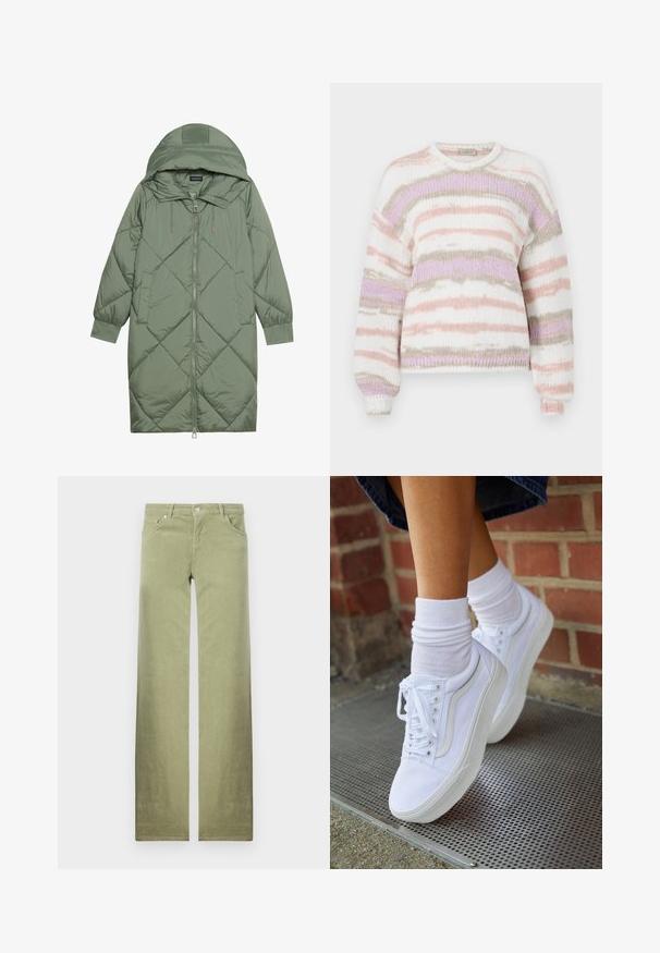 Quiltet lang grøn pufferjakke med hætte, med frontlynlås og to sidelommer. Teksturret diamantmønster over det hele.; Sweater i blødt strikkemateriale, med stribet mønster i pastelfarverne lyserød, lilla og beige, rund halsudskæring og ribbede manchetter.; Grønne bomuldsbukser med lige ben, der har frontlommer, knaplukning og en ren, struktureret stoffinish.; Hvide lærreds sneakers med gummisåler, der har seks snørehuller, rund tå og let sømdetaljer, krydret med hvide ankelstrømper.