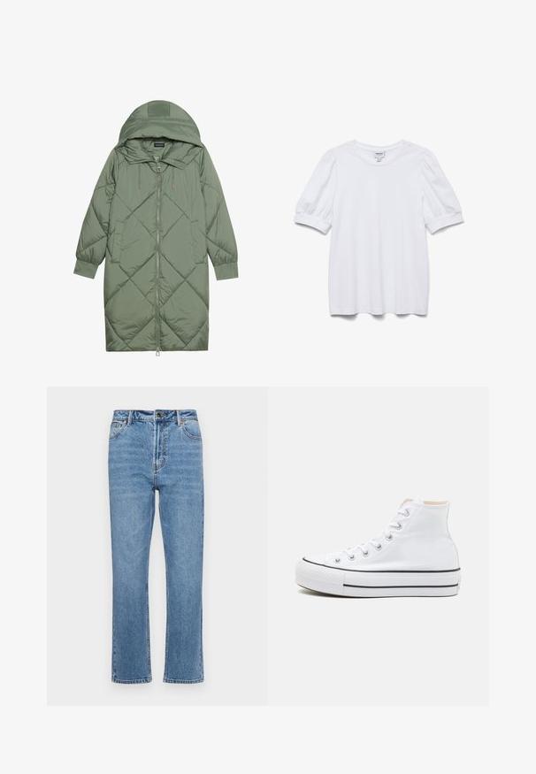 Manteau matelassé long vert avec capuche, doté d'une fermeture éclair à l'avant et de deux poches latérales. Motif en losanges texturé sur toute sa surface.; Haut blanc à manches courtes avec un col rond et des manches bouffantes. Fabriqué en tissu lisse, présentant une étiquette portant la mention "AWARE".; Jean en denim bleu clair avec une coupe droite, cinq poches, fermeture à bouton à l'avant et décoloration subtile sur le tissu.; Baskets montantes blanches en toile, semelle en caoutchouc noir et bande noire contrastante sur la semelle intermédiaire. Bout rond et design à lacets.