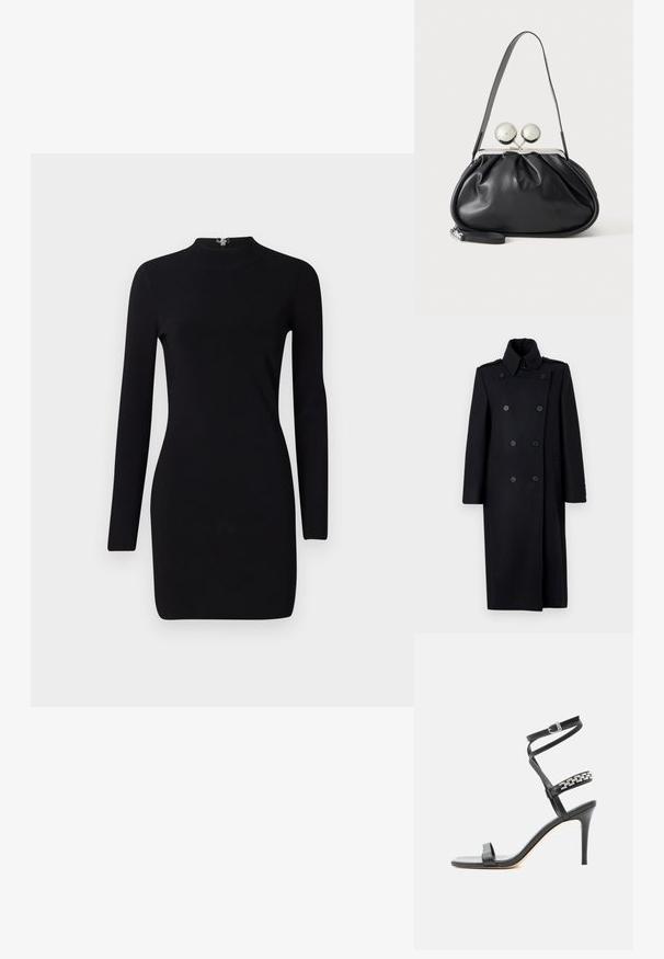 Schwarzer, doppelt geknöpfter Mantel mit strukturiertem Kragen, zwei Vorder pockets, dekorativen Knöpfen und knielangem Design.; Schwarzes Langarmkleid mit taillierter Silhouette, hohem Kragen und einem Reißverschluss auf der Rückseite. Sanfte Textur und elastischer Stoff. Keine Muster oder Akzente.; Schwarze Sandalette mit hohem Absatz, schlankem Knöchelriemen, Mittelriemen verziert mit silbernen Kettengliedern und offenem Zehendesign.; Schwarze Ledertasche mit gerafftem Design, einem einzelnen Riemen, silbernem Metallrahmen und zwei großen runden silbernen Verschlüssen.