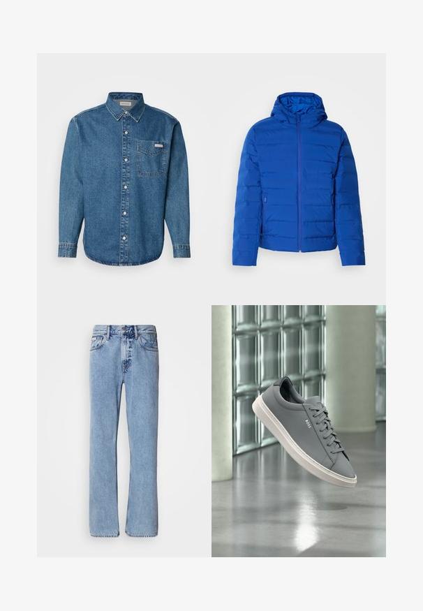 Blau gesteppte Jacke mit Kapuze, ausgestattet mit einem Reißverschluss vorne und seitlichen Taschen. Glatte Textur mit vertikalen Steppnähten.; Blaues Denim-Hemd mit langen Ärmeln, Button-Down-Kragen, Brusttasche und kontrastierenden Nähten. Der Stoff hat eine glatte Textur und einen lässigen Stil.; Hellblaue Jeans aus Denim mit geradem Bein, fünf Taschen und Knopfverschluss. Nähte in der Nähe der Taschen und des Bundes.; Grauer BOSS Sneaker mit weißer Sohle, geschnürt, schwebt drinnen vor einer Glassteinwand und poliertem Betonboden.