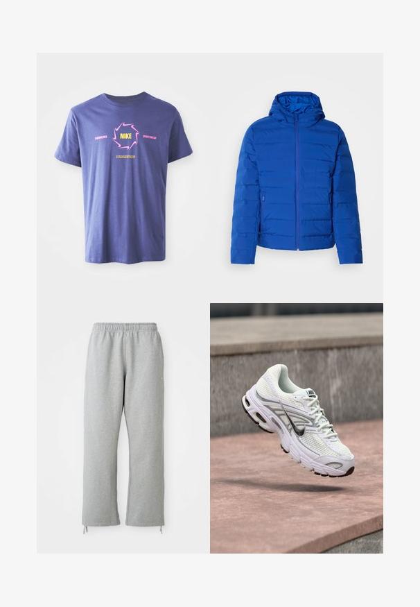 Blå polstret jakke med hætte, der har lynlås foran og sidelommer. Glat tekstur med lodret syningsdetalje.; Lilla bomulds T-shirt med korte ærmer, der har et dristigt grafisk design. Inkluderer "Nike" i gult inden i en lyserød virvel og tekst accenter.; Grå sweatpants med elastisk talje, lige ben og snoretræk ved kanten. Fremstillet af blødt, struktureret stof.; Hvide og grå Nike løbesko svævende i luften over rødbrun belægning med uskarpe betontrapper i baggrunden.