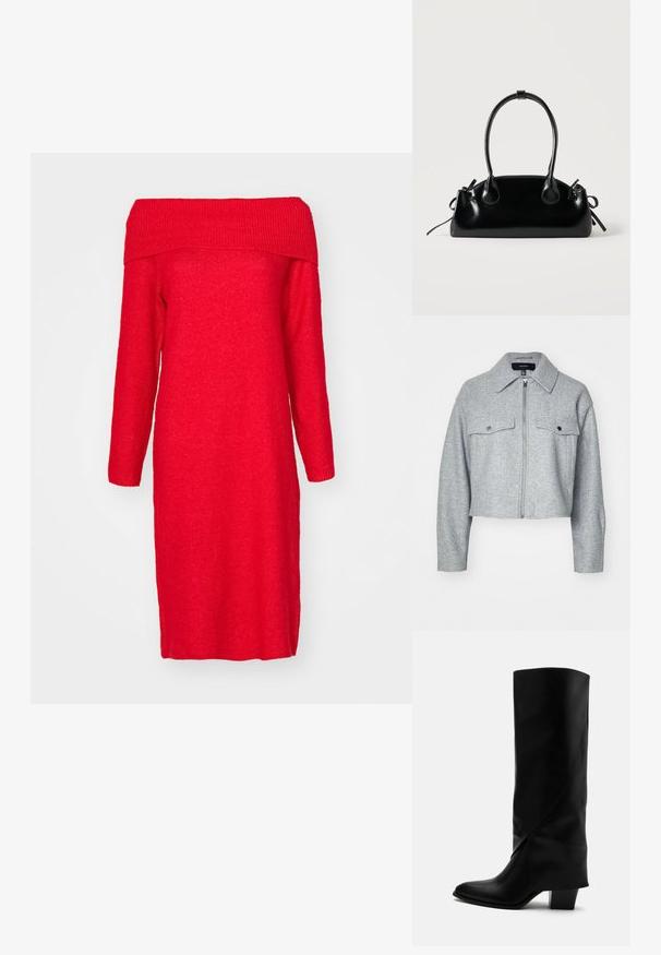 Veste grise cintrée en tissu doux, avec une fermeture éclair à l'avant, deux poches poitrine avec fermetures à pression et un col pointu.; Robe tricotée rouge, décolletée sur les épaules, avec des manches longues, présentant un col côtelé et une silhouette droite. Texture douce et longueur au genou.; Botte haute en cuir noir avec couture inclinée, bout pointu et talon épais de taille moyenne sur fond blanc.; Petit sac à main noir brillant avec deux longues anses et des détails à cordon sur les côtés sur un fond clair uni.