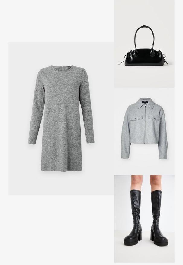 Veste grise cintrée en tissu doux, avec une fermeture éclair à l'avant, deux poches poitrine avec fermetures à pression et un col pointu.; Robe en maille à manches longues, gris clair, avec un col rond et une fermeture éclair dans le dos.; Bottes noires hautes en cuir lisse, avec une épaisse semelle plateforme et un talon carré, ornées de surpiqûres le long des bords.; Petit sac à main noir brillant avec deux longues anses et des détails à cordon sur les côtés sur un fond clair uni.