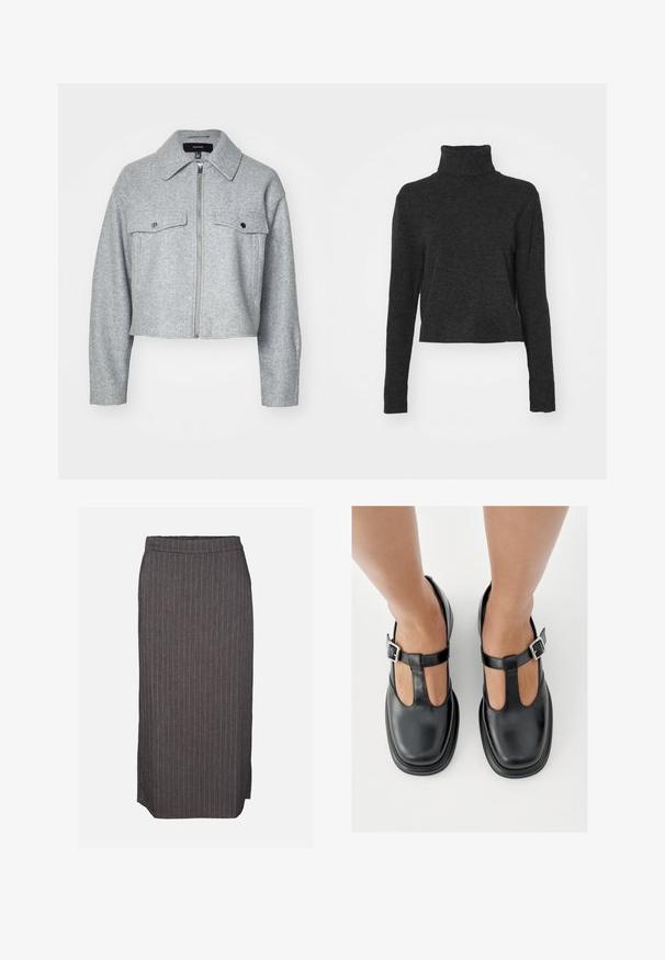 Gekürzte graue Jacke aus weichem Stoff, mit einem Reißverschluss vorne, zwei Brusttaschen mit Druckknopfverschlüssen und einem spitzen Kragen.; Schwarzer, verkürzter Rollkragenpullover aus einem weichen, strukturierten Stoff mit langen Ärmeln und gerippten Akzenten am Kragen und Saum.; Dunkelgrauer Bleistiftrock mit dünnen weißen vertikalen Nadelstreifen und kleinem seitlichem Schlitz auf einfarbigem Hintergrund.; Schwarze Lederschuhe mit T-Riemen-Design, geschlossenem Zehenbereich und silbernen Schnallenakzenten. Glatte Textur mit rundem Zehenbereich und flacher Sohle.