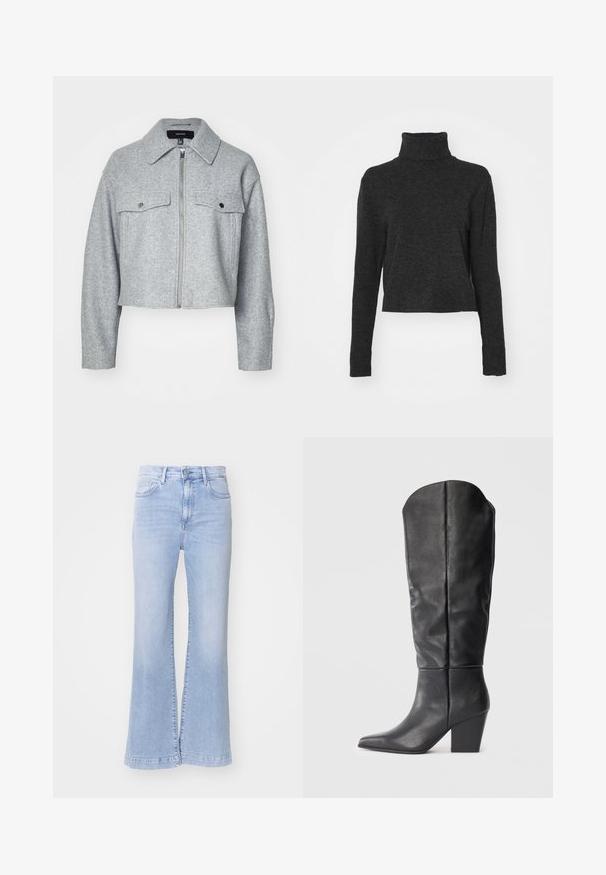 Lühendatud hall jakk pehmest kangast, mis on varustatud ees oleva lukuga, kahe klõpsuga rinna taskuga ja terava kraega.; Must have mustahke helmed turtleneck sviiter pehmes, tekstuurses kangas, millel on pikad varrukad ja soonikkoes lisad kaeluses ja ääres.; Heledad sinine pükste taskudega, kõrge vöökoht, denimi tekstuur ja nupuga sulgur. Puhtad äärised all.; Mustad nahast põlvekõrgused saapad, millel on terav nina ja tugev kand. Disain sisaldab siledat tekstuuri ja minimalistlikke jooni.