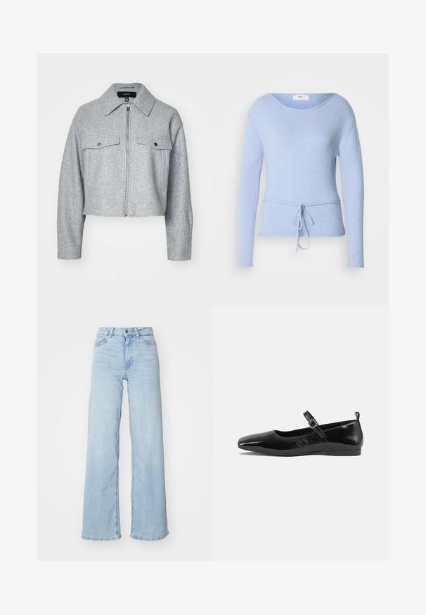 Beskåret grå jakke lavet af blødt stof, med en lynlås foran, to brystlommer med trykknaplukninger og en spids krave.; Lyseblå, langærmet sweater lavet af blødt stof med en bred halsudskæring og snøre i taljen for justerbar pasform. Glat tekstur.; Lysblå brede jeans lavet af denim. Har høj talje, frontlukning med knapper og to lommer. Glat tekstur med subtilt falmede områder.; Sorte patentlæder flade sko med spidse tæer, en ankelrem med spænde og en glat, blank tekstur. Lav hæl for komfort.