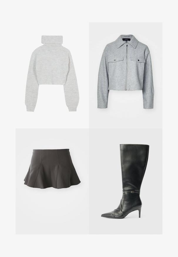 Beskåret grå jakke lavet af blødt stof, med en lynlås foran, to brystlommer med trykknaplukninger og en spids krave.; Lys grå, cropped striktrøje med høj turtleneck, brede ærmer og struktureret ribbet mønster. Blødt materiale med en lidt løs pasform.; Sort flared nederdel med en tætsiddende talje, der har lodrette syninger og en glat tekstur. Sømmen er let buet og går lige over midten af låret.; Sorte knæhøje støvler i læder med en slank hæl, spids tå og remdetaljer ved anklen. Glat tekstur og tætsiddende design.