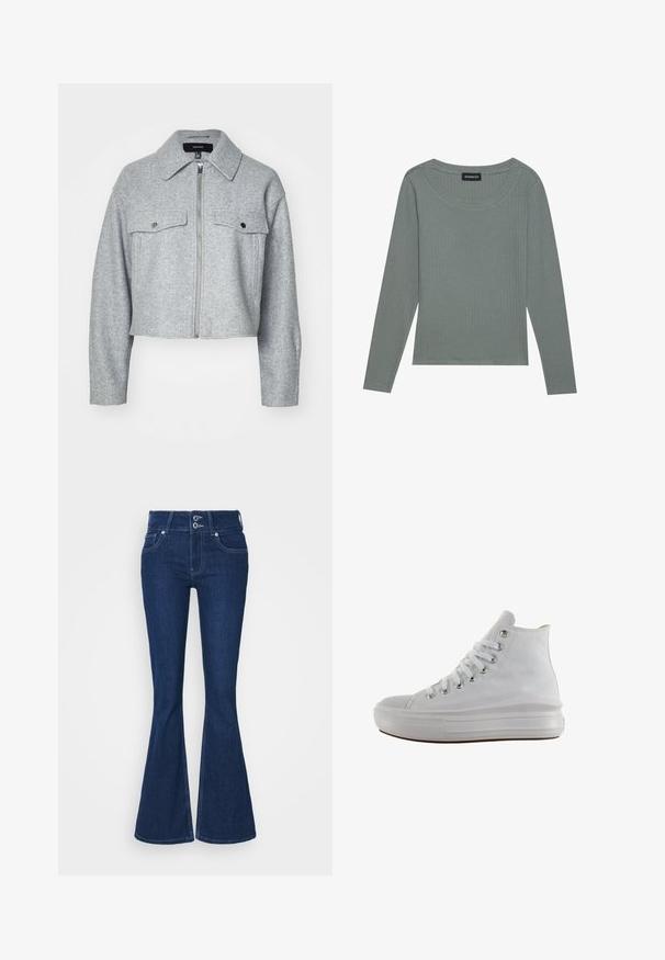 Veste grise cintrée en tissu doux, avec une fermeture éclair à l'avant, deux poches poitrine avec fermetures à pression et un col pointu.; Even&Odd by Zalando T-shirt à manches longues - balsam green; Jean évasé bleu foncé à taille haute, avec deux boutons de fermeture et des poches avant. Fabriqué en denim avec des détails de couture visibles le long des coutures.; Baskets montantes en toile blanche avec lacets blancs, œillets métalliques, semelle épaisse en caoutchouc et bout texturé, orientées vers la gauche sur fond blanc.