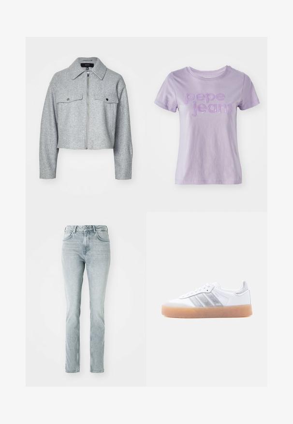 Veste grise cintrée en tissu doux, avec une fermeture éclair à l'avant, deux poches poitrine avec fermetures à pression et un col pointu.; T-shirt lilas à manches courtes en coton, avec "pepe jeans" en lettrage texturé violet sur le devant. Finition en tissu lisse.; Jeans en denim bleu clair avec une coupe droite, taille haute, poches avant et finition délavée. Dotés de passants de ceinture et d'une fermeture à bouton.; Baskets basses blanches avec semelle gomme, accents argentés rayés sur le côté, et fermeture à lacets, présentées sur un fond clair uni.