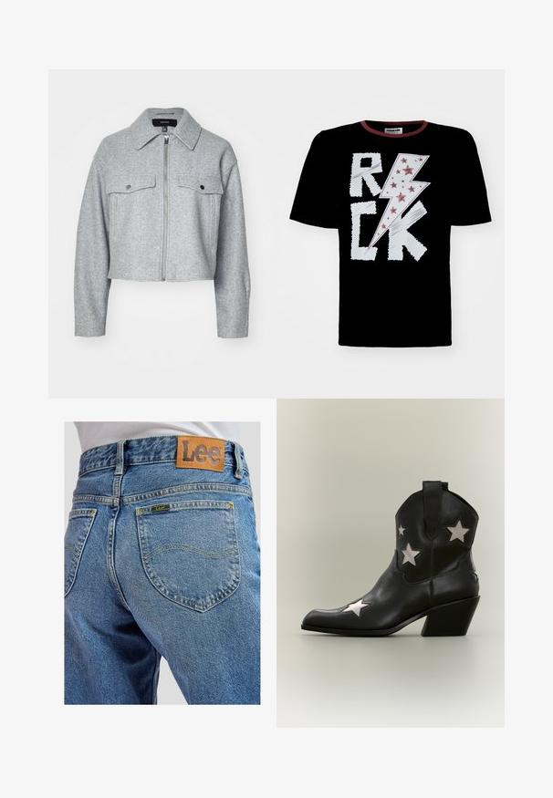 Gekürzte graue Jacke aus weichem Stoff, mit einem Reißverschluss vorne, zwei Brusttaschen mit Druckknopfverschlüssen und einem spitzen Kragen.; Schwarzes T-Shirt mit einem weißen und roten Blitzdesign und dem Text "ROCK", verziert mit roten Sternen. Rundhalsausschnitt mit kontrastierender Einfassung.; Blaue Jeans aus Denim mit Gesäßtaschen, die gelbe Nähte und ein braunes Lederpatch der Marke Lee am Bund aufweisen.; Schwarzer Leder-Cowboystiefel bis zum Knöchel mit mittelhohem schrägem Absatz und weißen sternförmigen Ausschnitten an den Seiten und an der Spitze.