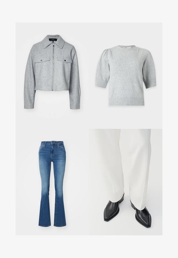 Beskåret grå jakke lavet af blødt stof, med en lynlås foran, to brystlommer med trykknaplukninger og en spids krave.; Lysegrå strikket kortærmet sweater med balloner på skuldrene og ribkant ved manchetter og kant, rund halsudskæring, forfra.; Højtaljede klokkejeans i lyseblå denim, med en glat tekstur, lynlås med en knap og to frontlommer.; Sorte spidse ankelstøvler med en glat læderoverflade, lave blokhæle, og parret med hvide brede bukser. Enkel og moderne design.