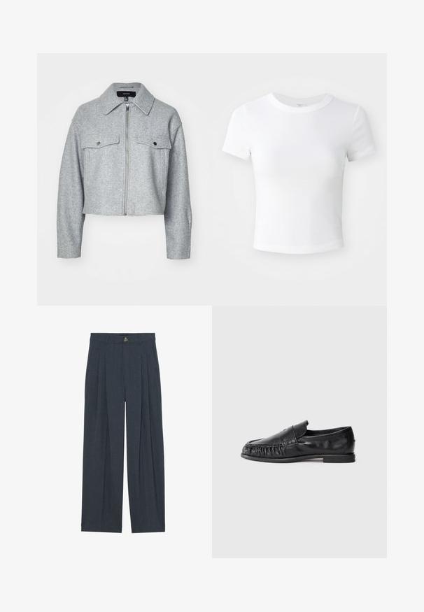 Veste grise cintrée en tissu doux, avec une fermeture éclair à l'avant, deux poches poitrine avec fermetures à pression et un col pointu.; T-shirt courte à manches courtes, blanche, avec un col rond, présentée sur un fond neutre et lumineux.; Pantalons larges en tissu texturé gris foncé, avec des plis avant, une fermeture à bouton et des poches latérales pour plus de fonctionnalité.; Mocassins en cuir noir avec un bout rond, présentant des détails froncés à l'avant et un talon plat. Texture lisse, design minimaliste.