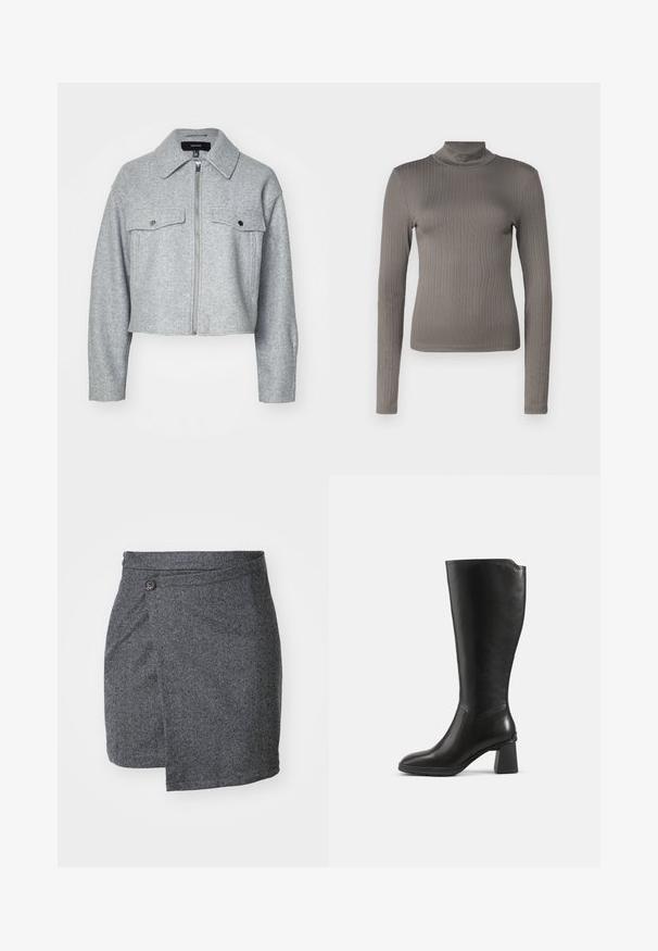 Beskåret grå jakke lavet af blødt stof, med en lynlås foran, to brystlommer med trykknaplukninger og en spids krave.; Grå ribbet langærmet turtleneck top med et tætsiddende design og blød tekstur. Har en høj halsudskæring og slank silhuet.; Grå hørskærende omslagsskal lavet af struktureret uldstof, med en enkelt knaplukning i taljen og en asymmetrisk kant.; Sort knæhøj læderstøvle med blokhæl og rundet tå, vist fra siden på en ensfarvet baggrund.