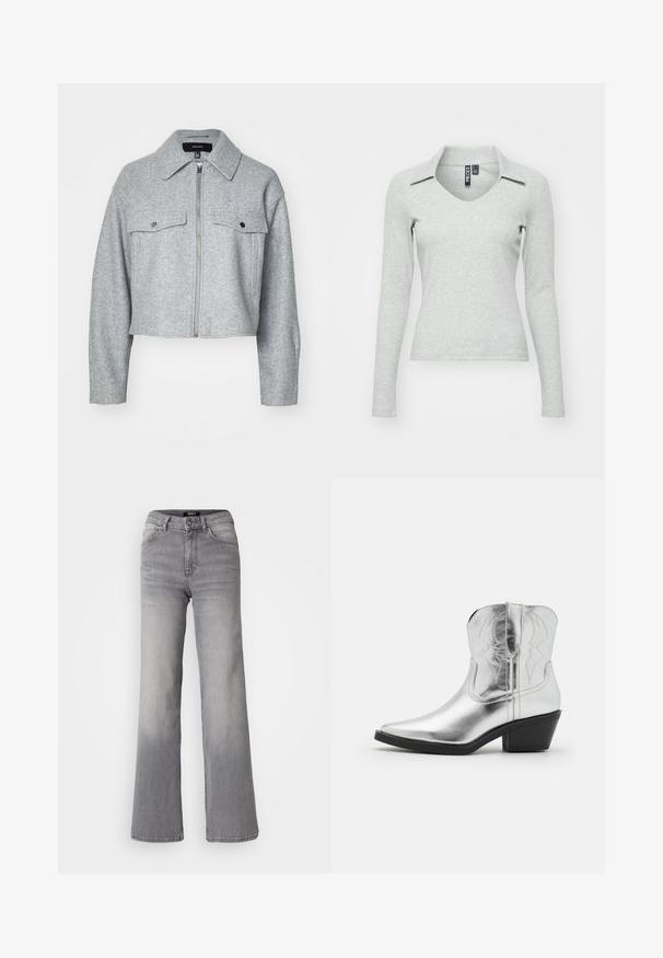 Veste grise cintrée en tissu doux, avec une fermeture éclair à l'avant, deux poches poitrine avec fermetures à pression et un col pointu.; Haut gris clair à manches longues, en V avec col, fabriqué dans un tissu doux et texturé, présentant une coupe ajustée et un minimum de détails.; Jean en denim gris taille haute à jambes droites avec bouton et fermeture éclair à l'avant, poches avant et arrière, et décoloration sur les cuisses et les mollets.; Bottes de cowboy en cuir argenté avec un bout pointu, des détails brodés sur la tige et un talon noir modéré. Surface lisse et brillante.