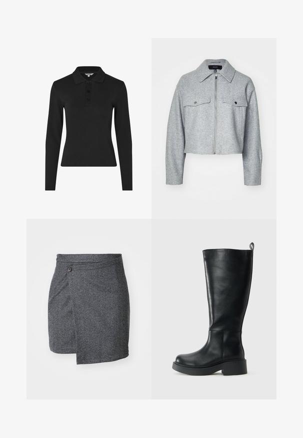 Beskåret grå jakke lavet af blødt stof, med en lynlås foran, to brystlommer med trykknaplukninger og en spids krave.; Langærmet sort polo shirt lavet af ribbet stof, med en klassisk krave og en tre-knaps placket foran.; Grå hørskærende omslagsskal lavet af struktureret uldstof, med en enkelt knaplukning i taljen og en asymmetrisk kant.; Høj sort læderstøvle med en trækflig øverst, rund tå og tyk lav hæl mod en ensfarvet hvid baggrund.