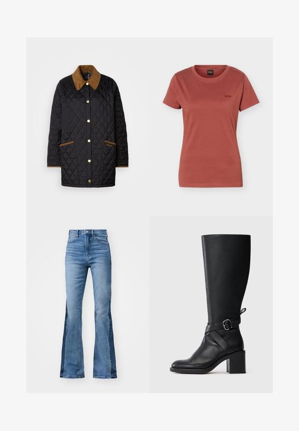 Veste matelassée noire avec un col en velours côtelé marron, des boutons dorés et des finitions contrastées, dotée de deux poches avant et d'un branding subtil.; T-shirt pour femme à manches courtes, col rond, de couleur rouille, avec un petit logo "BOSS" brodé sur le côté gauche de la poitrine.; Gap Tall 70S - Jean flare - medium indigo; Botte en cuir noir mi-mollet avec talon carré et bande décorative avec boucle en argent sur fond clair uni.