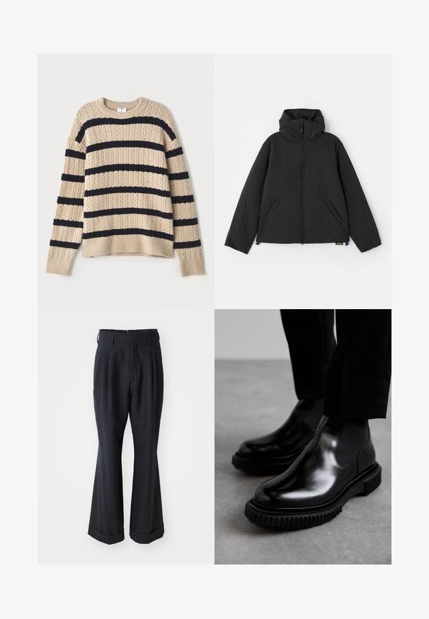 Sorte quiltede jakke med hætte, der har en frontlynlås, sidelommer og en glat tekstur. Designet inkluderer bølgemønstre.; Beige strikket sweater med mørk navy horisontale striber, med en struktureret mønster og ribbede manchetter. Rund halsudskæring og afslappet pasform.; Sorte skræddersyede bukser med en afslappet pasform, plisseret forside og vide ben. Har en opsmøg i bunden og en glat stofstruktur.; Sorte læder Chelsea støvler med en glat overflade, elastiske sidepaneler og en tykkere, struktureret gummisul med et robust dækmønster.