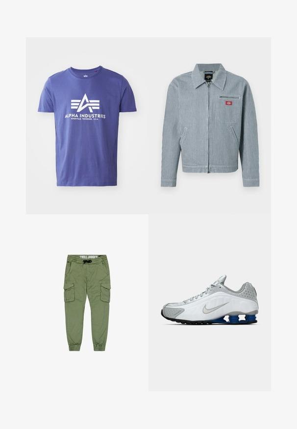 Chaqueta de estilo laboral con rayas verticales azules y blancas, cremallera completa al frente, dos bolsillos laterales, bolsillo en el pecho con cremallera y parche con logo rojo.; Camiseta de algodón morada de manga corta, que presenta un logo blanco que incluye "ALPHA INDUSTRIES" y un diseño geométrico.; Joggers de sarga verde oliva con puños elásticos, cintura con cordón y múltiples bolsillos tipo cargo para mayor almacenamiento. Tela suave y duradera.; Zapatilla de running Nike en blanco y gris con el swoosh plateado, unidades de suela azul en forma de resorte y banda de rodadura negra sobre un fondo liso.