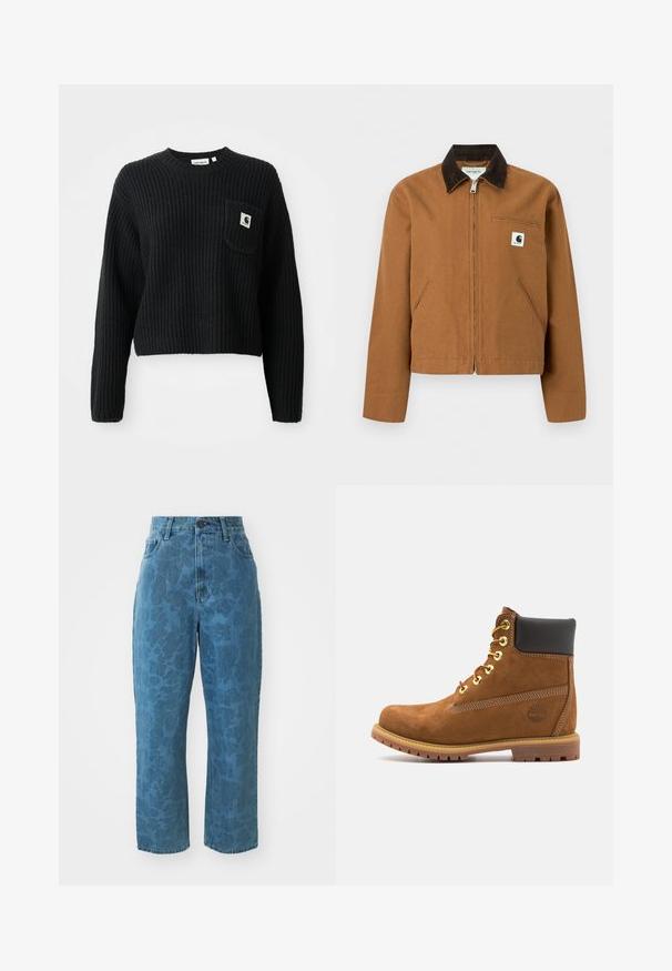 Καφέ ζακέτα Carhartt με φερμουάρ, σκούρο καφέ γιακά, δύο μπροστινές τσέπες και μικρό λογότυπο στο αριστερό στήθος.; Μαύρο πλεχτό πουλόβερ με ραβδώσεις, στρογγυλή λαιμόκοψη, μακρύ μανίκι και μπροστινή τσέπη με μικρή ετικέτα λογότυπου. Κοντή ίσια εφαρμογή.; Ανοιχτού μπλε τζιν παντελόνι με διακριτική εικονογραφία υφής, ψηλή μέση και ευθεία γραμμή. Περιλαμβάνει κλείσιμο με κουμπί και φερμουάρ μπροστά.; Καφέ σουέτ μποτάκι αστραγάλου με μαύρο μαλακό κολάρο, χρυσά οπές, κορδόνια μπροστά και λάστιχο σόλα με υφή.