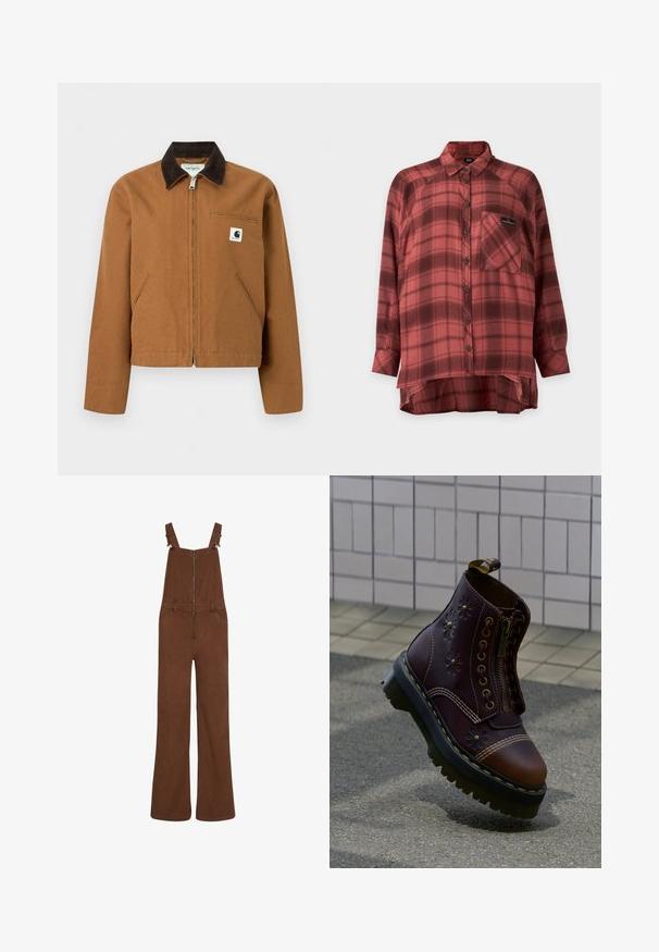 Καφέ ζακέτα Carhartt με φερμουάρ, σκούρο καφέ γιακά, δύο μπροστινές τσέπες και μικρό λογότυπο στο αριστερό στήθος.; Κόκκινο και σκούρο κόκκινο καρό πουκάμισο με μακρύ μανίκι, γιακά και τσέπη στο στήθος, ελαφρώς μακρύτερο στο πίσω μέρος.; Καφέ καμπαρντίνα ευρύχωρων ποδιών με μπροστινό φερμουάρ και ρυθμιζόμενους ιμάντες ώμου, διαθέτοντας θηλιές ζώνης και δύο μπροστινές τσέπες.; Σκούρο καφέ δερμάτινο μποτάκι με ανάγλυφο floral σχέδιο, μπροστινό φερμουάρ, παχύ μαύρο πέλμα με κίτρινη ραφή, αιωρούμενο πάνω από υφή πεζοδρομίου κοντά σε πλακάκια τοίχου.
