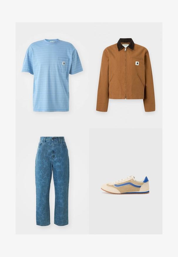 Καφέ ζακέτα Carhartt με φερμουάρ, σκούρο καφέ γιακά, δύο μπροστινές τσέπες και μικρό λογότυπο στο αριστερό στήθος.; Ανοιχτό μπλε μπλουζάκι κοντομάνικο με οριζόντιες ρίγες. Διαθέτει τσέπη στο στήθος με λογότυπο. Φτιαγμένο από μαλακό βαμβακερό υλικό.; Ανοιχτού μπλε τζιν παντελόνι με διακριτική εικονογραφία υφής, ψηλή μέση και ευθεία γραμμή. Περιλαμβάνει κλείσιμο με κουμπί και φερμουάρ μπροστά.; Ανοιχτό καφέ σουέτ αθλητικό παπούτσι με μπλε λωρίδα στο πλάι και έμφαση στη φτέρνα. Στρογγυλή μύτη, επίπεδες δέσιμες κορδόνες και διάτρητη λεπτομέρεια στην επάνω πλευρά. Καουτσούκ σόλα.