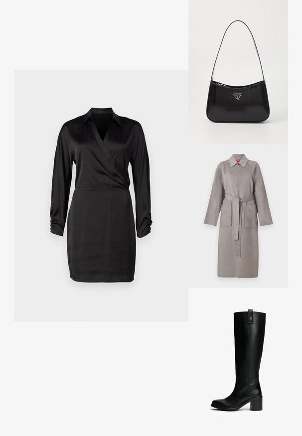 Grauer Wollmantel mit Reißverschluss vorne, großen aufgesetzten Taschen und abnehmbarem Gürtel. Mit spitzem Kragen und locker sitzenden Ärmeln.; Schwarzes Satin-Wickelkleid mit langen Ärmeln, V-Ausschnitt und gerafften Ärmeldetails. Die glatte Textur und die taillierte Silhouette betonen das elegante Design.; Schwarze Lederstiefel bis zur Wade mit Blockabsatz und goldenem Emblem am Zugriemen, glatte Oberfläche, abgerundete Zehen, Seitennaht und leicht erhöhter Sohle.; Schwarze patentierte Leder-Schultertasche mit geschwungener Form, ausgestattet mit einem silbernen Dreieckslogo und einem Reißverschluss. Glatte Textur und schmaler Riemen.