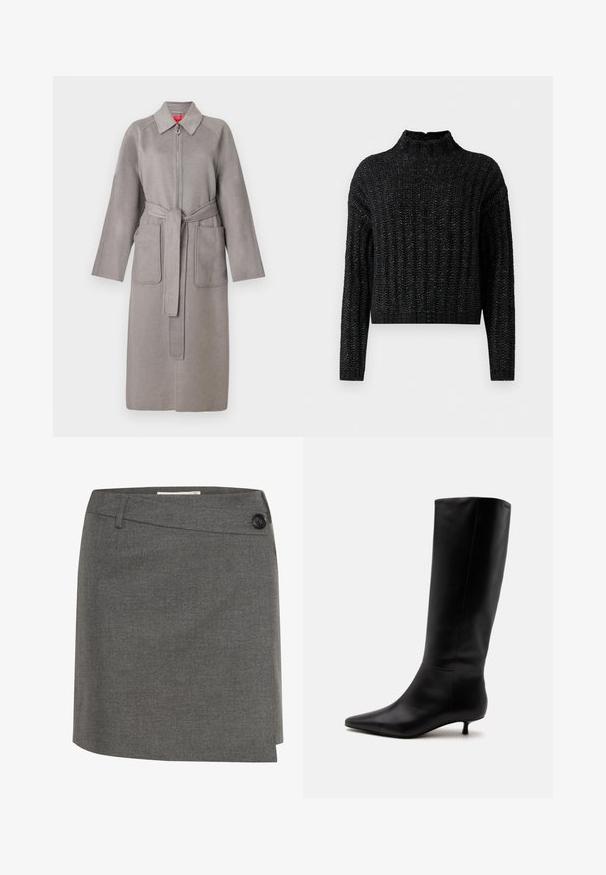 Grå uldfrakke med lynlås foran, store påsyede lommer og aftageligt bælte. Har en spids krave og løstsiddende ærmer.; Sort chunky strikket sweater med ribbet mønster, lange ærmer og en kort ståkrave.; Grå nederdel lavet af et tekstureret stof, med en knap i siden og en lige silhuet med et let indviklet design.; Sort læder knæhøj støvle med spids snude og lav kittenhæl mod en ensfarvet lys baggrund.