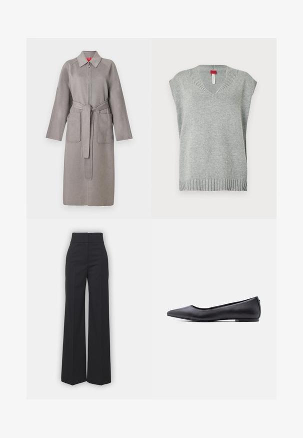 Grå uldfrakke med lynlås foran, store påsyede lommer og aftageligt bælte. Har en spids krave og løstsiddende ærmer.; Lys grå strikket ærmeløs sweater vest med V-udskæring samt ribbede kanter og halsudskæring, præsenteret på hvid baggrund.; Bredbenede bukser i sort stof med høj talje, der har en ren finish og glat tekstur. Ingen synlige detaljer eller mønstre.; Sort flad lædersko med spidst tåparti og lav hæl, vist i sideprofil mod en hvid baggrund.