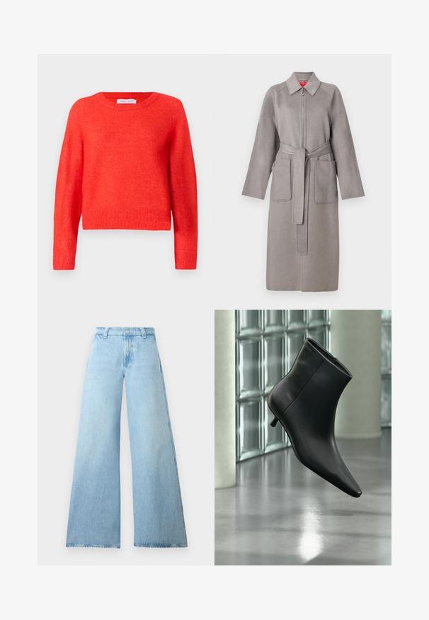 Manteau en laine gris avec fermeture éclair à l'avant, grandes poches plaquées et ceinture amovible. Il présente un col pointu et des manches amples.; Pull rouge, court, en matière douce. Encolure ronde, manches longues et détails côtelés au niveau de l'ourlet. Surface légèrement texturée.; Jean large bleu clair en denim avec taille haute, doté d'un bouton de fermeture et de cinq poches. Texture lisse et silhouette décontractée.; Bottine en cuir noir à bout pointu et petit talon kitten, présentée en angle devant un sol poli et un mur en blocs de verre.