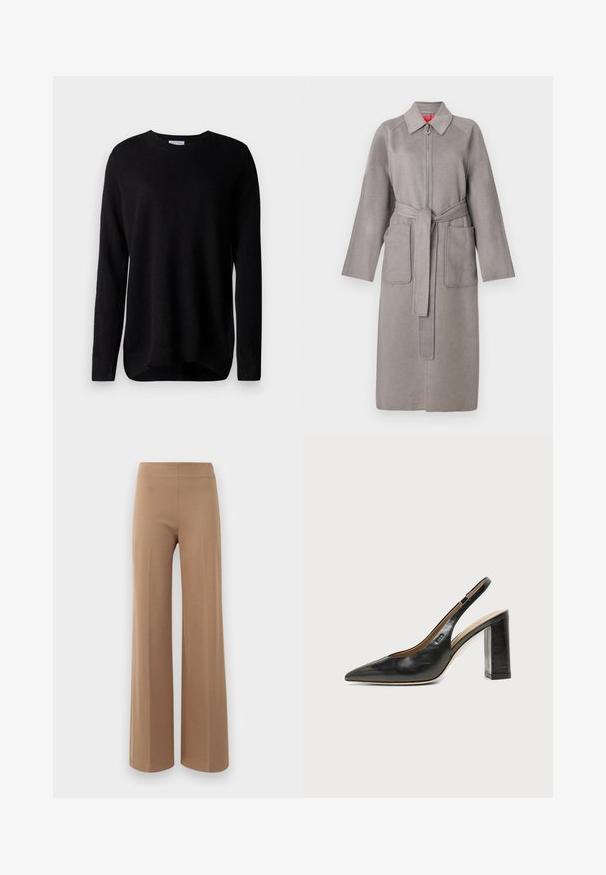 Manteau en laine gris avec fermeture éclair à l'avant, grandes poches plaquées et ceinture amovible. Il présente un col pointu et des manches amples.; Pull noir en tissu doux, avec des manches longues, un col rond et des poignets côtelés. Design simple, sans motifs ni accents.; Pantalons à jambes larges en tissu extensible beige clair avec une texture lisse et une taille haute élastique. Pas de fermeture ni de poches visibles.; Chaussure slingback en cuir noir à bout pointu avec un talon bloc haut et une doublure intérieure beige sur un fond clair uni.