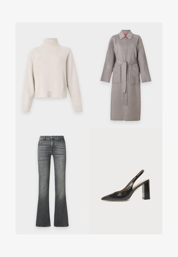 Grå uldfrakke med lynlås foran, store påsyede lommer og aftageligt bælte. Har en spids krave og løstsiddende ærmer.; Lys beige turtleneck sweater lavet af blødt stof. Har en afslappet pasform, ribbet kant og manchetter samt lange ærmer. Minimalistisk design.; Grå flagrende jeans lavet af denim med en mellemhøj talje, subtilt slid og klassisk fem-lommers design.; Sort læder peep-toe slingback sko med høj blokhæl og beige indvendig foring mod en ensfarvet lys baggrund.
