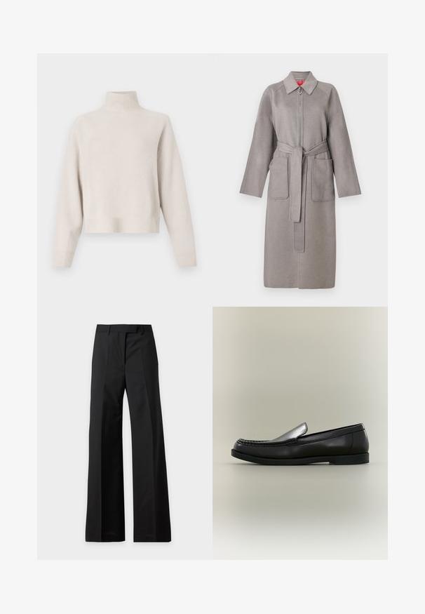 Manteau en laine gris avec fermeture éclair à l'avant, grandes poches plaquées et ceinture amovible. Il présente un col pointu et des manches amples.; Pull à col roulé beige clair en tissu doux. Dispose d'une coupe décontractée, d'un ourlet et de poignets côtelés, et de manches longues. Design minimaliste.; Pantalon noir taille haute à jambes larges avec plis devant et passants pour ceinture, présenté sur fond blanc.; Mocassin en cuir noir avec couture moc toe, petit talon et design à enfiler sur fond neutre.