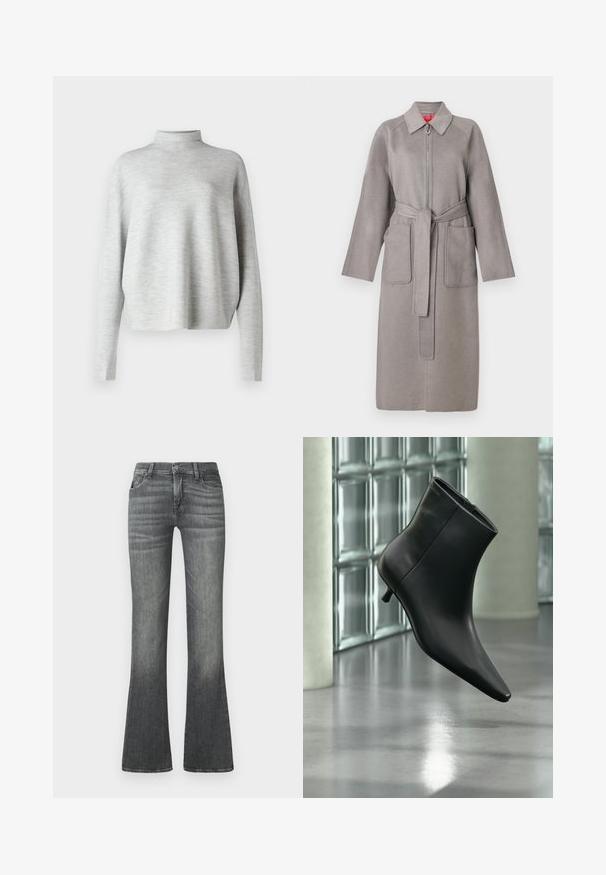 Grå uldfrakke med lynlås foran, store påsyede lommer og aftageligt bælte. Har en spids krave og løstsiddende ærmer.; Lys grå turtleneck sweater, lavet af blødt stof, med lange ærmer og en afslappet pasform, med en glat, fin struktur.; Grå flagrende jeans lavet af denim med en mellemhøj talje, subtilt slid og klassisk fem-lommers design.; Sort læderankelstøvle med spids tå og lav kitten-hæ, vist vinklet mod en poleret gulv- og glasblokvæg.