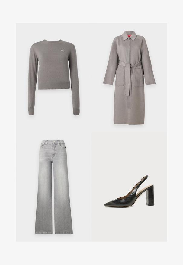 Manteau en laine gris avec fermeture éclair à l'avant, grandes poches plaquées et ceinture amovible. Il présente un col pointu et des manches amples.; Pull gris côtelé à manches longues, col rond, avec petit logo brodé "2ND" sur la poitrine. Texture douce, coupe courte.; Jean en denim gris à jambes larges avec une finition délavée, poche avant et fermeture à bouton. Caractéristiques d'une coupe droite et d'un ourlet classique.; Chaussure slingback en cuir noir à bout pointu avec un talon bloc haut et une doublure intérieure beige sur un fond clair uni.