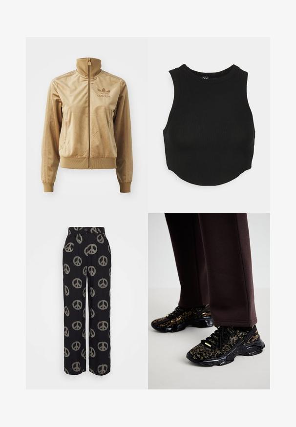 Tan velour zip-up jakke med høj krave. Har ribbede manchetter og kant, sidelommer og broderet logo på brystet.; Sort ribbet crop top med høj hals og ærmeløs design. Blød tekstur med tætsiddende pasform og let buet kant.; Sorte bred ben bukser med beige fredstegn mønstre, der har knaplukning og plisseret forside. Glat stofstruktur.; Sorte sneakers med guldprikker, struktureret overflade og en kraftig sort sål. Parret med brune sweatpants, der viser et tætsiddende design.