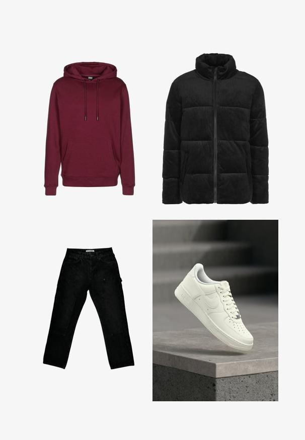 Schwarze Cord-Pufferjacke mit hohem Kragen, gestepptem Futter, Frontreißverschluss und seitlichen Taschen. Strukturierte, warme und komfortable Gestaltung.; Burgunderfarbener Kapuzenpullover mit einer vorderen Tasche, Kordelzügen und gerippten Bündchen. Hergestellt aus weichem Stoff mit glatter Textur.; Schwarze Jeanshosen mit lässigem Schnitt, großen vorderen Aufsatztaschen, Gürtelschlaufen und einem kleinen seitlichen Schlaufen-Detail.; Weißer Ledersneaker mit niedrigem Profil, strukturierter Oberfläche, Perforationen an der Spitze und silbernen Akzenten an den Schnürsenkeln und dem Branding.