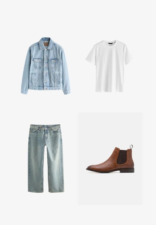 Hellblaues Jeansjacke mit Knopfverschluss, zwei Brustklappentaschen und vertikalen Nahtdetails an Vorderseite und Ärmeln.; Einfaches weißes T-Shirt mit kurzen Ärmeln und Rundhalsausschnitt aus glattem Stoff und einem schwarzen Etikett am Kragen.; Hellblaue, bequeme Baggy-Jeans aus Denim mit geradem Bein, fünf Taschen und sichtbarem Knopfverschluss.; Zign by Zalando LEATHER - Stiefelette - cognac