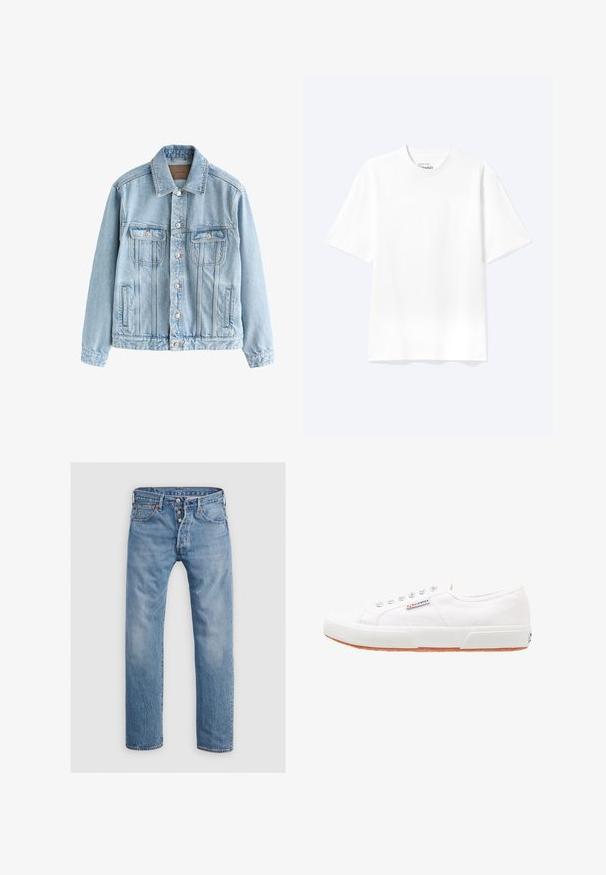 Lichtblauwe spijkerjas met knoopsluiting, twee borstzakken met klep en verticale naaddetails aan de voorkant en mouwen.; Effen witte T-shirt met korte mouwen en ronde hals, met een losse pasvorm, weergegeven op een lichte achtergrond.; Lichtblauwe denim jeans met een recht gesneden ontwerp, vijf zakken en een knoopsluiting. Voorzien van subtiele vervaging en stikselaccenten.; Witte canvas sneakers met een rubberen zool, vetersluiting en een klein logolabel aan de zijkant. Gewreven wit bovenwerk en een bruine zool.