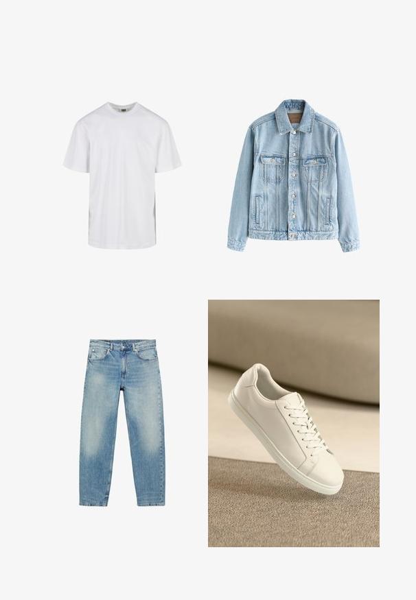 Lichtblauwe spijkerjas met knoopsluiting, twee borstzakken met klep en verticale naaddetails aan de voorkant en mouwen.; Eenvoudig wit T-shirt met korte mouwen en ronde hals, met een losse pasvorm, afgebeeld tegen een witte achtergrond.; Jeans met rechte pijpen van blauwe denim, met voorzakken en riemlussen, met lichte vervaagde details op dijen en knieën.; Witte leren sneaker met witte veters, weergegeven op een beige textuurovervlak en een zacht vervaagd achtergrond.