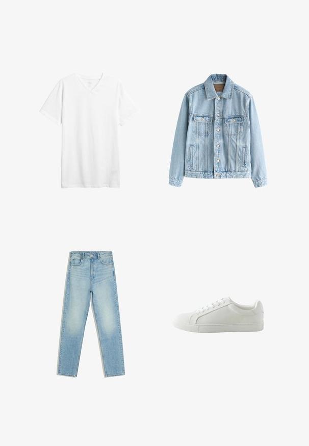 Hellblaues Jeansjacke mit Knopfverschluss, zwei Brustklappentaschen und vertikalen Nahtdetails an Vorderseite und Ärmeln.; Weißes kurzärmliges V-Ausschnitt-T-Shirt aus Baumwolle. Verfügt über einen lässigen Schnitt und eine glatte Textur ohne sichtbare Muster oder Grafiken.; Hellblaue Jeans mit hoher Taille und geradem Bein, mit Taschen vorne und hinten sowie Knopfverschluss vor weißem Hintergrund.; Weißer Sneaker mit niedrigem Schaft und Schnürsenkeln, glattem Obermaterial und flacher Gummisohle, von der Innenseite seitlich auf weißem Hintergrund dargestellt.