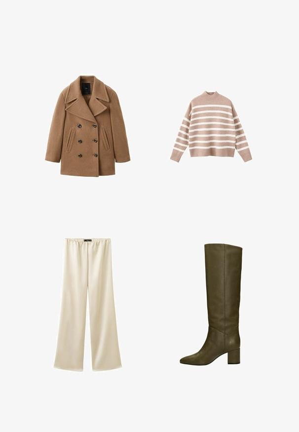 Manteau marron à double boutonnage avec de larges revers, fabriqué en tissu texturé. Il comporte deux poches avant et de gros boutons noirs.; Pull en beige à rayures avec des rayures horizontales blanches, présentant un col montant à côtes et des manches larges, fabriqué en tissu tricoté doux.; Pantalon à jambes larges couleur crème avec taille élastique, fabriqué à partir d'un tissu doux et fluide, conçu pour un port décontracté et confortable.; Bottes en cuir vert olive, hautes, avec un bout pointu et un talon carré, présentant une texture lisse et des détails de couture minimalistes.