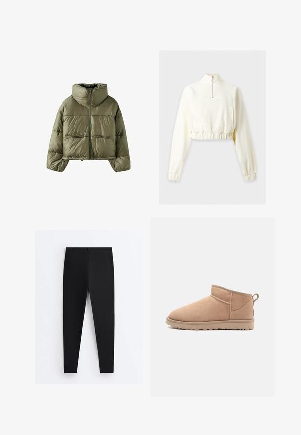 Olivgrüne, kurze Steppjacke mit hohem, gepolstertem Kragen, Frontreißverschluss und zwei Reißverschlusstaschen.; Langärmeliges cremefarbenes Cropped-Sweatshirt mit hohem Kragen und halbem Reißverschluss, mit elastischem Bund und Bündchen.; Schwarze eng anliegende Leggings mit hohem Bund und glattem Stoff, flach auf einem weißen Hintergrund dargestellt.; Beige Wildleder-Ankle-Boot mit abgerundetem Zehenbereich, weicher Textur, schlichtem Design und einer flachen Gummisohle. Mit einer Zuglasche auf der Rückseite.