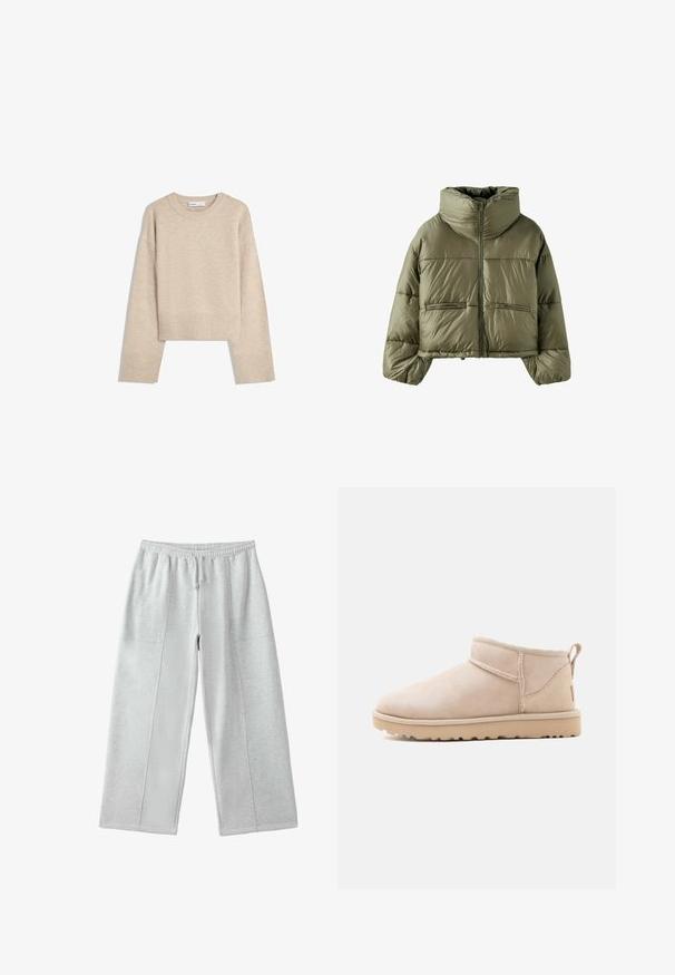 Olivengrøn cropped dunjakke med høj polstret krave, frontlynlås og to lynlåslommer.; Beige cropped sweater lavet af blød strik. Har rund halsudskæring, lange ærmer samt ribbede manchetter og kant for ekstra tekstur.; Lysegrå vidde joggingbukser med elastisk talje og snøre, med synlige lodrette sømdetaljer.; Beige ruskind ankelstøvle med flad sål, synlige sømme og en trækkehank bagpå mod en ensfarvet hvid baggrund.