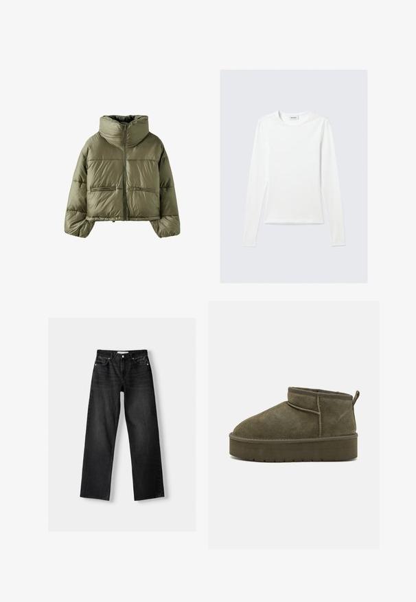 Olivengrøn cropped dunjakke med høj polstret krave, frontlynlås og to lynlåslommer.; Langærmet, enkel hvid T-shirt med rund halsudskæring og tætsiddende pasform, vist mod en lysegrå baggrund.; Bershka Jeans Straight Leg - mottled dark grey; Olivengrøn ruskind ankelstøvler med rund tå, syninger og en tykkere sål med struktureret mønster. Lille trækflap bagpå.
