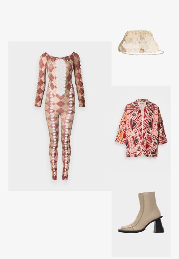 Veste kimono à motif géométrique multicolore avec des accents rouges, roses, noirs et oranges. Dotée de manches courtes et d'un design ouvert à l'avant.; Une combinaison intégrale présentant un motif en diamant dans les tons bordeaux et beige, avec des découpes sur les côtés et une encolure dégagée.; Bottine beige en cuir avec bout carré, couture visible, et talon bloc noir sculpté et épais sur fond blanc.; Pochette tissée beige avec de grands disques ronds nacrés superposés sur le devant et une fine chaîne dorée.