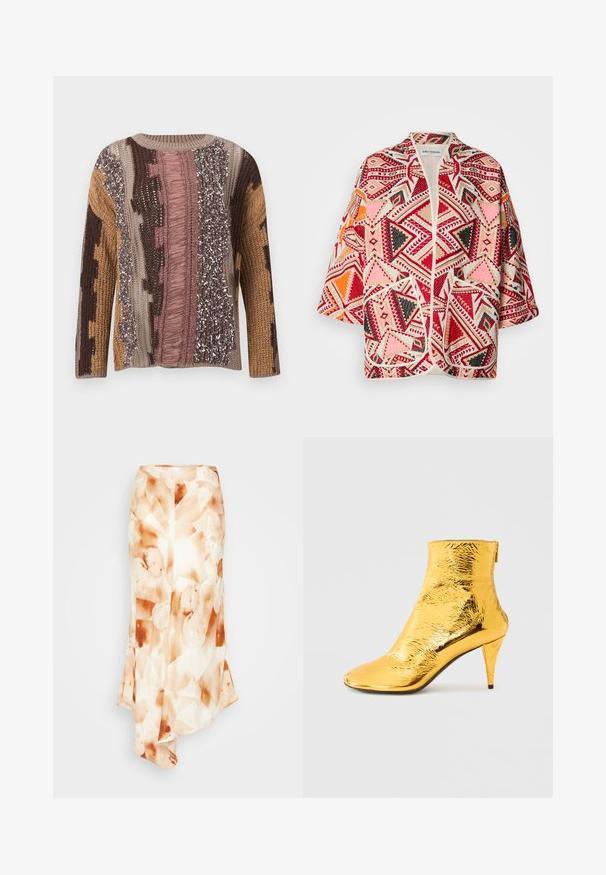 Veste kimono à motif géométrique multicolore avec des accents rouges, roses, noirs et oranges. Dotée de manches courtes et d'un design ouvert à l'avant.; Pull en tricot multicolore avec des rayures verticales roses, marron, beige et fauve, orné de motifs texturés incluant des franges et des fils métalliques.; Jupe longue et fluide en tissu léger avec un motif abstrait dans des tons terre, comprenant du blanc crémeux, un orange doux et des taches marron.; Bottine dorée avec une texture brillante froissée, un bout pointu et un talon fin. Conception hauteur cheville avec fermeture éclair à l'arrière.