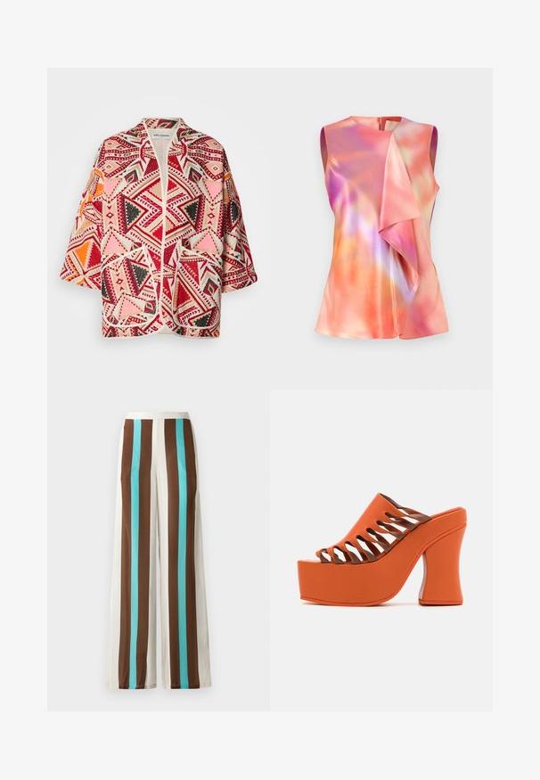 Multicolore geometrisch patroon kimono jacket met rode, roze, zwarte en oranje accenten. Heeft korte mouwen en een open voorkant ontwerp.; Mouwloos topje van satijnstof, met een kleurrijk abstract patroon van roze, oranje en violet tinten, en een gedrapeerd voorkant ontwerp.; Wijd uitlopende broeken met verticale strepen in bruin, roomkleur en turkoois. Gemaakt van lichte stof met een gladde textuur en een elastische tailleband.; Oranje platform mules met een dikke, gebogen bruine hak. Bevat uitsneden over de tenen en een gladde rubberachtige afwerking.